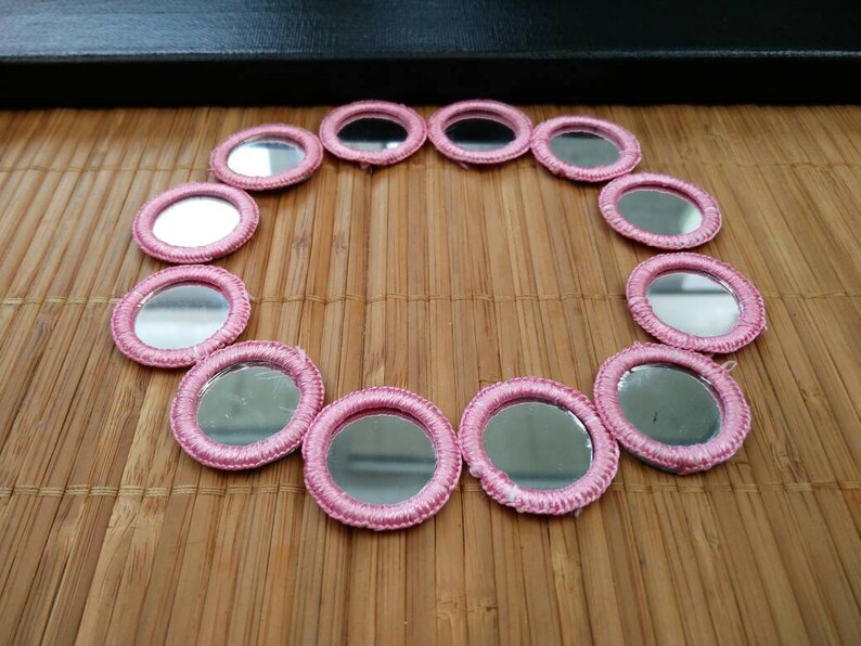 4 Round Mirror Patches Hand Made Pink Thread Sew Ons Mirror Etsy UK