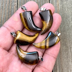 Op de afbeelding: Vijf tijgeroogklauw hangers met een zilveren beugel. De hangers zijn donkerbruin van kleur met gouden strepen.