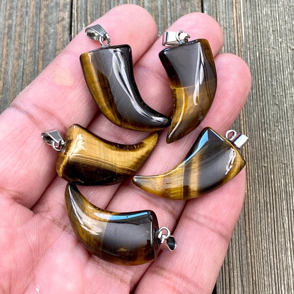 Tiger Eye stone Horn Tusk Shape Pendant 3D Biker’s Gothic Punk DIY Bohemian Jewelry Findings Yoga Mala Long Sweater Necklace Earrings Charm