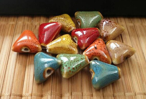 6 Ceramic Triangle Beads 14mm Porcelain Hand Painted Handmade Multicolor Pottery Clay Guru Focal Yoga Mala Necklace Bracelet Anklet Earrings