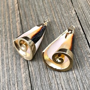 May include: Two gold-toned shell earrings with a spiral design. The shells are white with brown and black stripes.