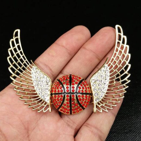 Rhinestones Basketball With Golden Wings Enamel Pendant Charm DIY Bohemian Jewelry Findings Supply Boho Gypsy Long Sweater Pendant Necklace.