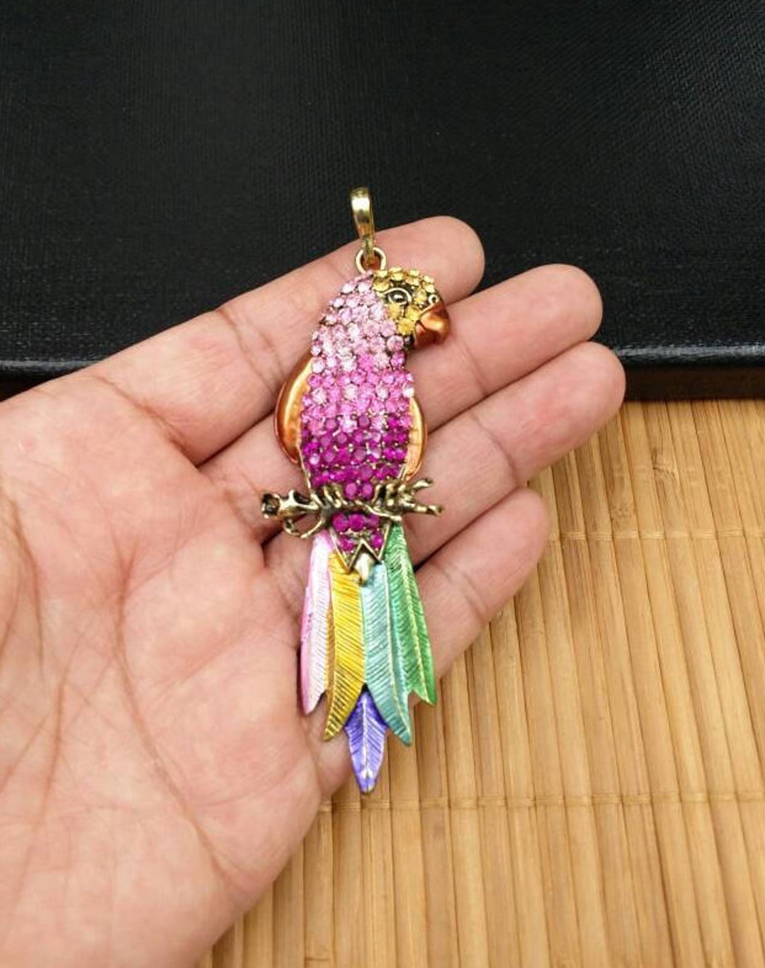 Parrot Pendant Enamel Rhinestones Bird Charm Elegant Tropical Jungle ...
