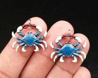 2 Blue Crab Charms Silver Blue Enamel Crab Pendants Crab Lover&#39;s Seafood Lover&#39;s Beach Lover&#39;s Earrings Bracelets Anklets Yoga Mala Necklace