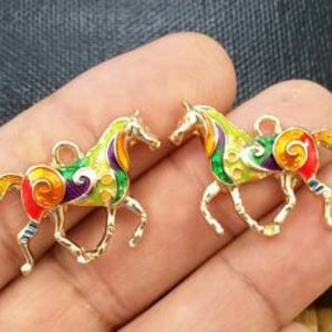 Pair Of Horse Charms Golden Multicolor Enamel Horses Earrings Horse Lover&#39;s Racing Lover&#39;s Horse Rider&#39;s Yoga Mala Necklace Bracelet Jewelry