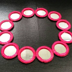 4 Round Mirror Patches Hand Made Fuchsia Thread Sew Ons Mirror Medallions DIY Costumes Dresses Cushions Handbags Purses Decoration Supplies.