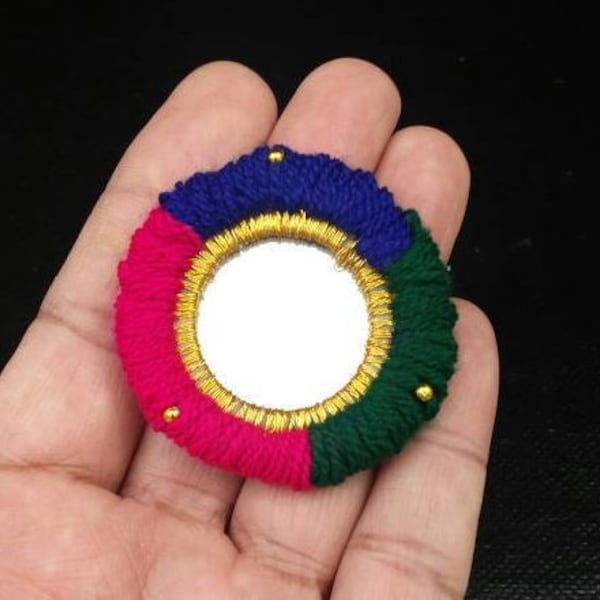 1 Round Mirror Patch Multicolor Thread Hand Made Sew Ons Mirror Medallion DIY Costume Dress Cushion Handbags Purses Supply Decoration Mirror