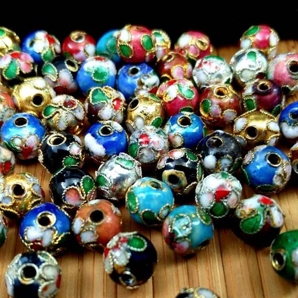 10 Cloisonne 8/10mm Beads Multicolor Round Flower Design Spacer Earrings Bracelets Separators Yoga Mala Necklace Jewelry Making Supply Gift