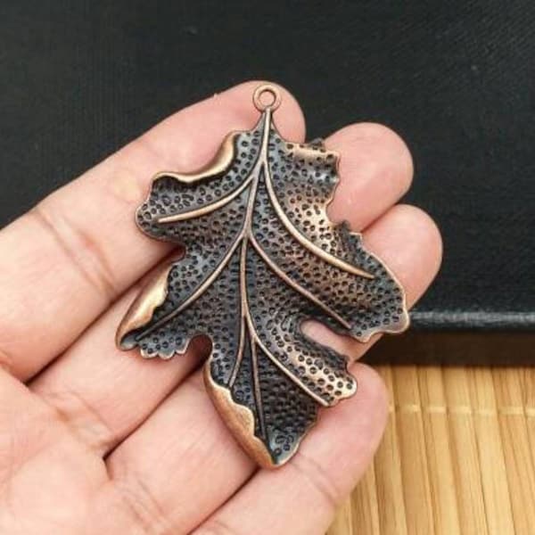 Big Leaf Copper Pendant Vintage Style Red Copper Leaf Charms Antique Design Earrings Statement Yoga Mala Necklace Bohemian Jewelry Findings.