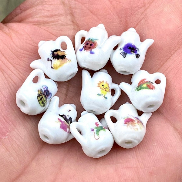 1 Teakettle Ceramic Charm Porcelain White Enamel Miniature Doll House Tea Coffee Pot Pendant DIY Earrings Bracelet Yoga Mala Necklace Anklet