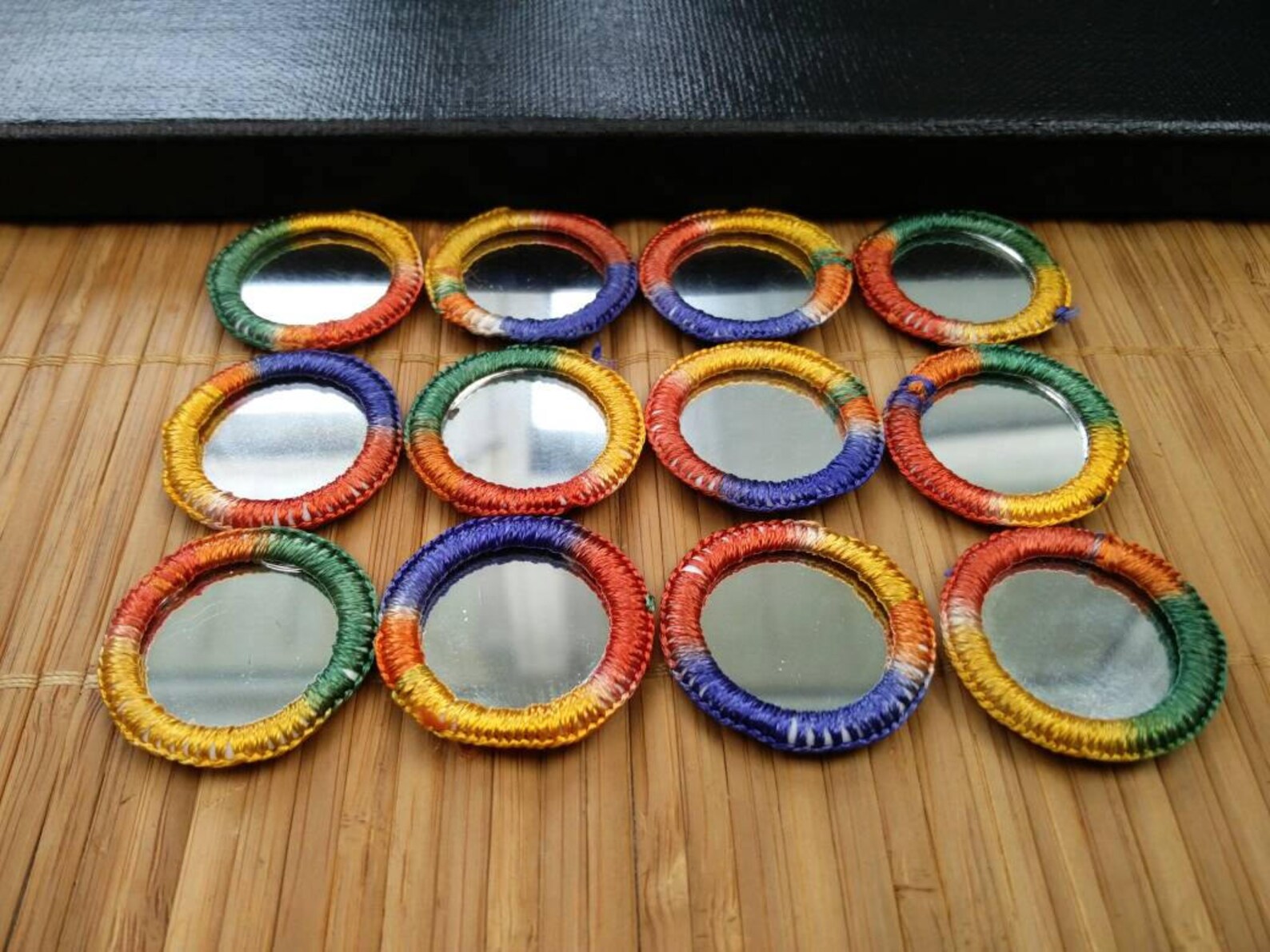 4 Round Mirror Patches Hand Made Multicolor Thread Sew Ons Etsy