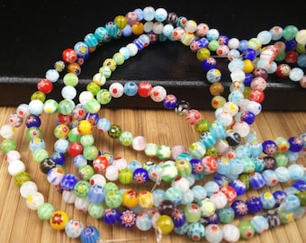 4 / 6mm Millefiori Lampwork Glasperlen Multicolor Blume Spacer Ohrringe Armbänder Yoga Mala Halskette Boho Schmuck Zubehör Versorgung Geschenk