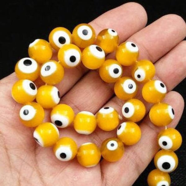 Lampwork Glass Beads 12mm Yellow Evil Eye Handmade Round Lucky Spacers Bracelet Earrings Religious Prayer Yoga Mala Necklace Jewelry Gift