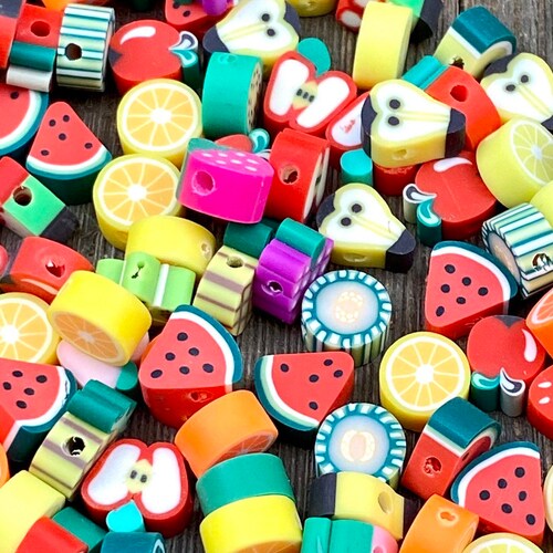 Polymer Clay Beads Assorted Fruits Apple Kiwi Orange Lemon Etsy