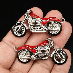 1 Motorcycle Charm Silver Red Motorbike Pendant Vintage Style Antique Design Biker's Rider's Racer's DIY Yoga Mala Necklace Jewelry Supply