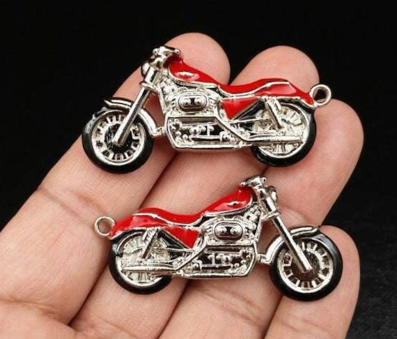 1 Motorcycle Charm Silver Red Motorbike Pendant Vintage Style