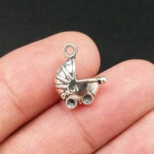 5 Baby Stroller Silver Pram Vintage Style New Born Child Carriage Antique Design Infant Cart DIY Earrings Bracelet Anklet Yoga Mala Necklace