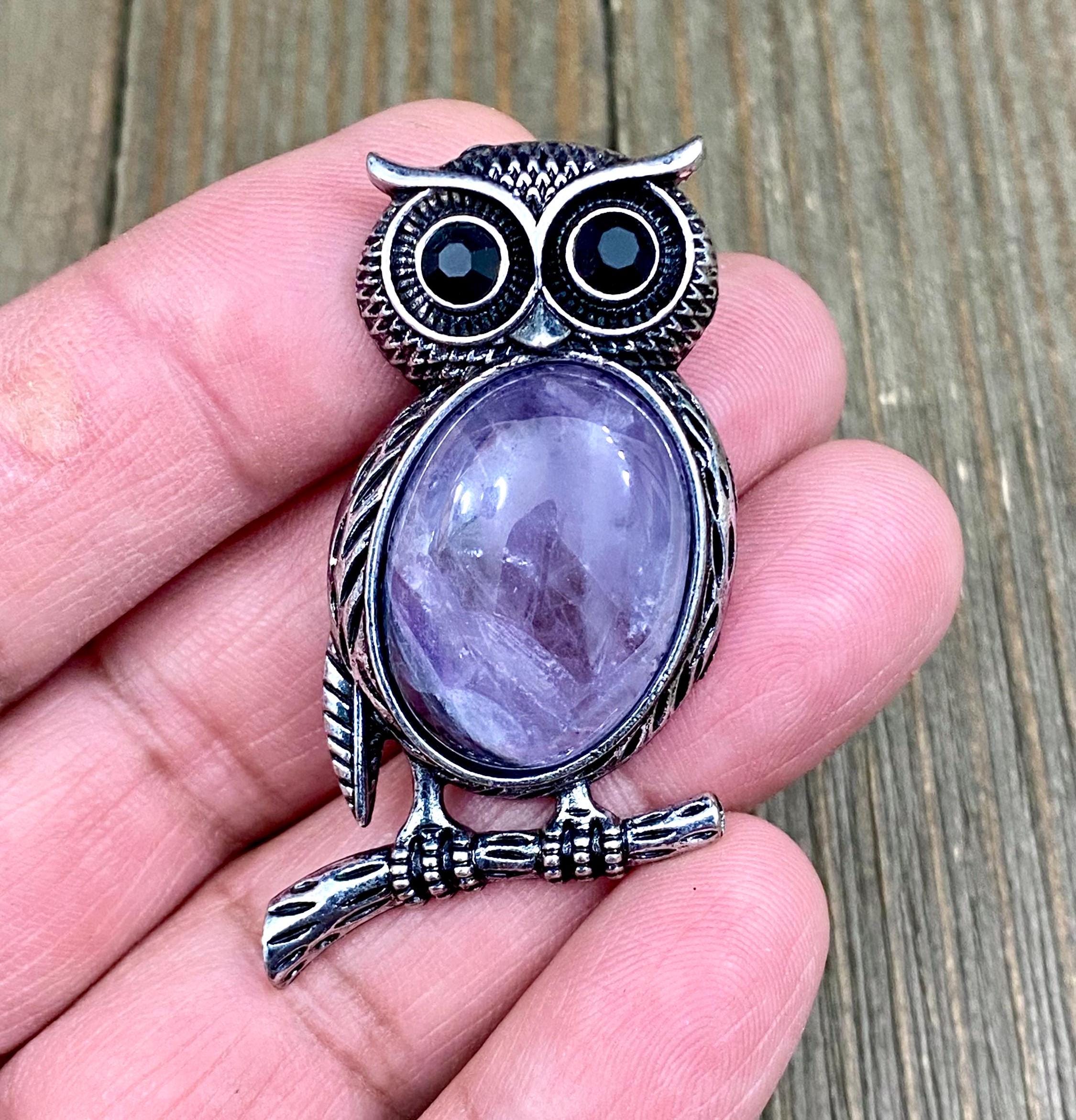 Owl Pendant Purple Amethyst Stone Bird on Tree Branch Charm Broach