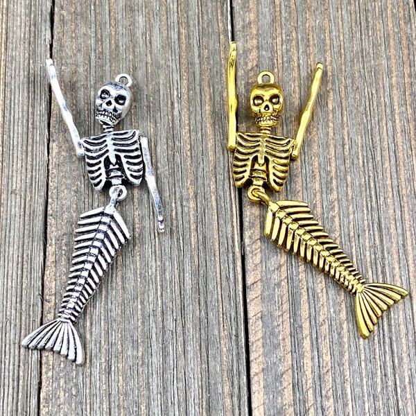 Mermaid Skeleton Charm Silver/Golden Pendant Fish Tail Bone 3D Moveable Skull Body Yoga Mala Necklace Earrings Bohemian Jewelry Findings