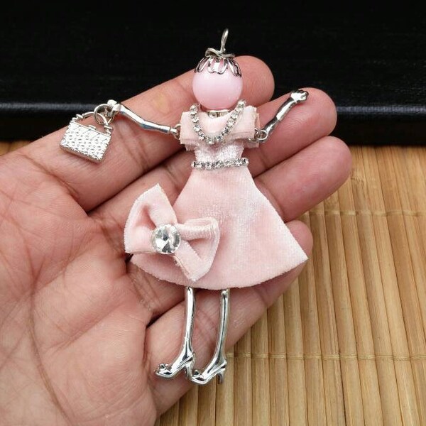 Pink Dress Doll Moveable Handmade French Doll Charm DIY Earrings Keychain Yoga Mala Long Sweater Pendant Necklace Bohemian Jewelry Findings.