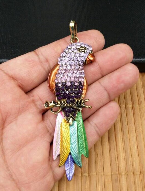 Collier Pendentif Perroquet Or Et Bleu Avec Cristaux - Très Bon état