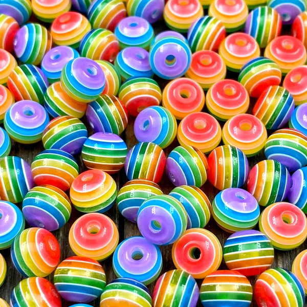 4/6/8/10 mm Round Multicolor Rainbow Resin Stripe Beads Bubblegum Spacers DIY Bracelet Earrings Yoga Mala Necklace Bohemian Jewelry Findings
