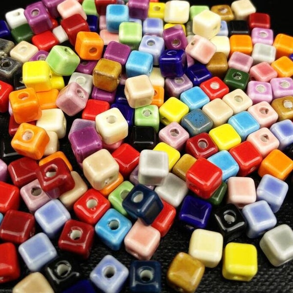 10 Square Shape Ceramic Beads 8mm Porcelain Hand Painted Handmade Multicolor Cube Spacers DIY Earrings Bracelets Yoga Mala Necklaces Jewelry