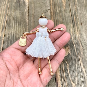 Fashion Doll Pendant White Tassels Dress Handmade Moveable French Golden Charm Leather Yoga Mala Long Sweater Necklace Bohemian Jewelry Gift