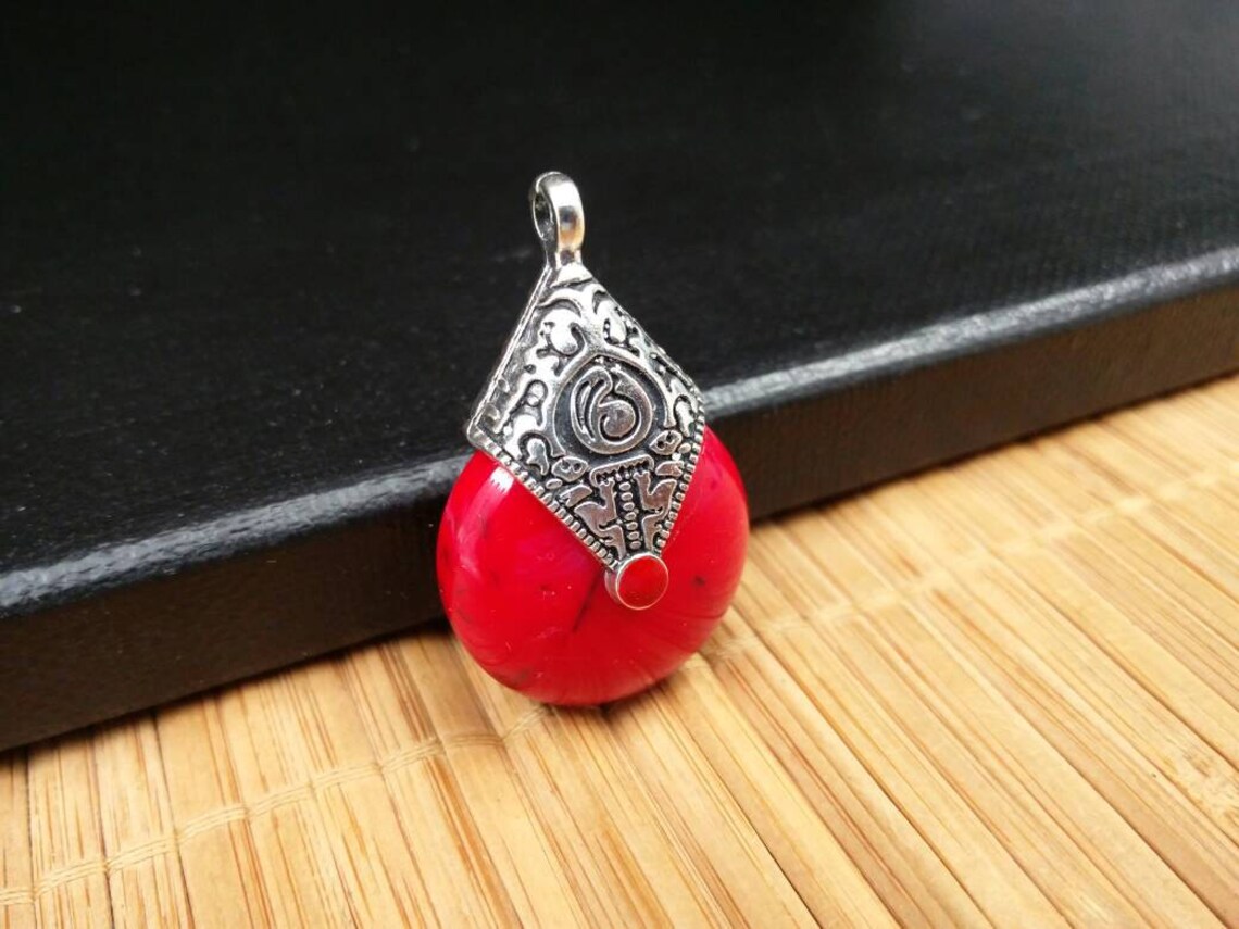 Red Silver Tear Drop Charm Nepali Tibetan Indian Synthetic | Etsy