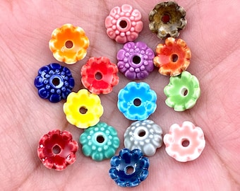 10 Ceramic Flower Shape Spacers Bead Caps Multicolor Porcelain Clay Floral Separators Earrings Bracelet Yoga Mala Necklaces Bohemian Jewelry