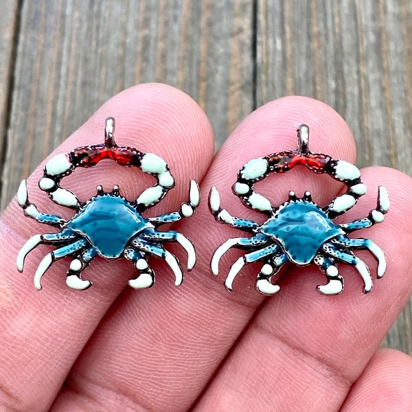 2 Blue Crab Charms Silver Blue Enamel Crab Pendants Crab Lover's Seafood Lover's Beach Lover's Earrings Bracelets Anklets Yoga Mala Necklace