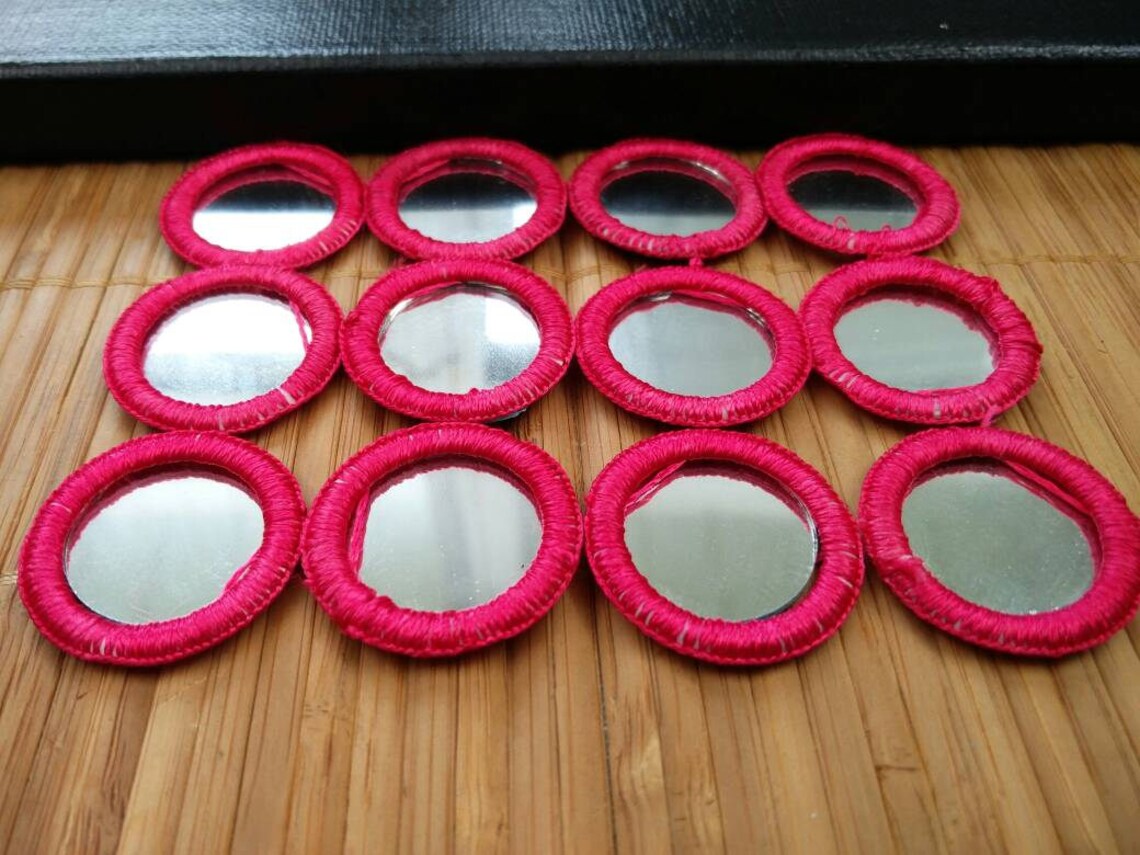 4 Round Mirror Patches Hand Made Fuchsia Thread Sew Ons Mirror Etsy