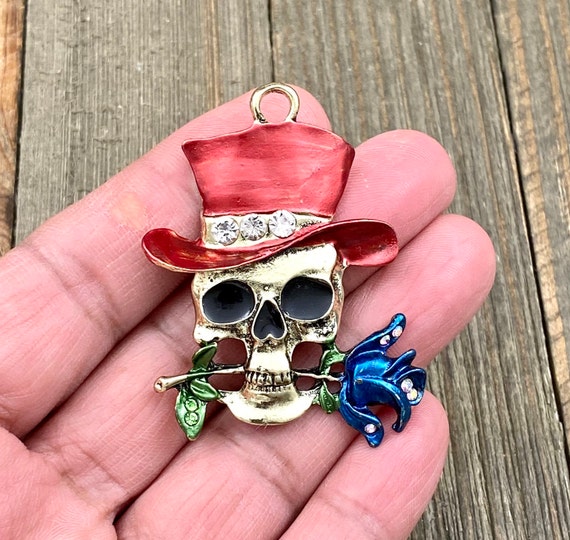 Skeleton Face Pendant Flower Skull Charm Multicolor Enamel Punk Gothic Boho Gypsy Hippie Jewelry Mala Necklace Earring Party Costume Fashion