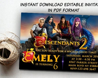 Descendants Invitations Instant Download, Descendants 2 Invitation, Descendants 2 Invitations Instant, Descendants Party, Disney Descendents