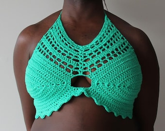 Aphrodite Top uprawy szydełka/Boho Festival-style Top/Halter top w szmaragdowo-rozmiar medium-SkyDancer Craftworks