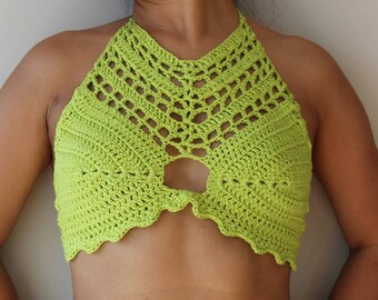 Aphrodite Top uprawy Crochet/Boho Festival-style Top/Halter top w Hot Green/Lime Green/Neon Green-size XS-SkyDancer Craftworks