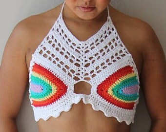 Aphrodite Top uprawy Crochet/Boho Festival top/Top Halter w Multicolor/Rainbow pastel/kolory Pride-rozmiar XS-SkyDancer Craftworks