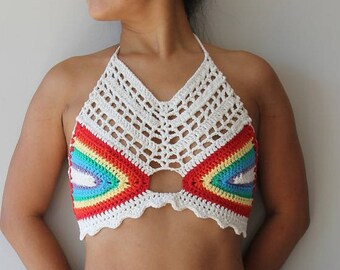 Aphrodite Top uprawy szydełka/Boho Festival-style Top/Halter top w Multicolor/Rainbow/kolory Pride-rozmiar XS-SkyDancer Craftworks