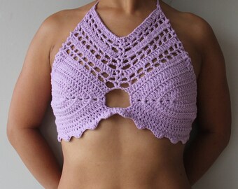Aphrodite Top uprawy szydełka/Boho Festival-style Top/Halter top w lawendy/fioletowy-rozmiar XS-SkyDancer Craftworks