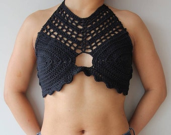 Aphrodite Top uprawy szydełka/Boho Festival-style Top/Halter top w czerni-rozmiar XS-SkyDancer Craftworks