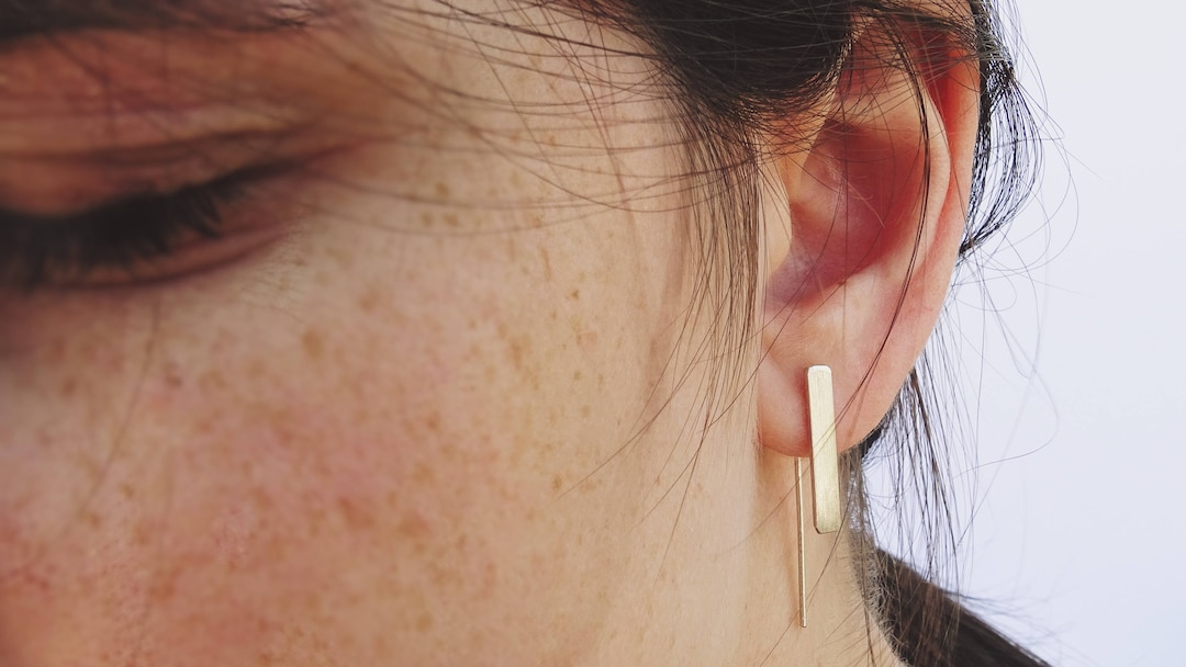 Silver Vertical Rectangle Drop Earrings: Geometric Threader Ear Jacket ...