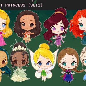 Сute 9 images Anime Chibi Princess Digital Clipart, SET 1, characters, graphics, stickers: Instant Download PNG file - 300 dpi