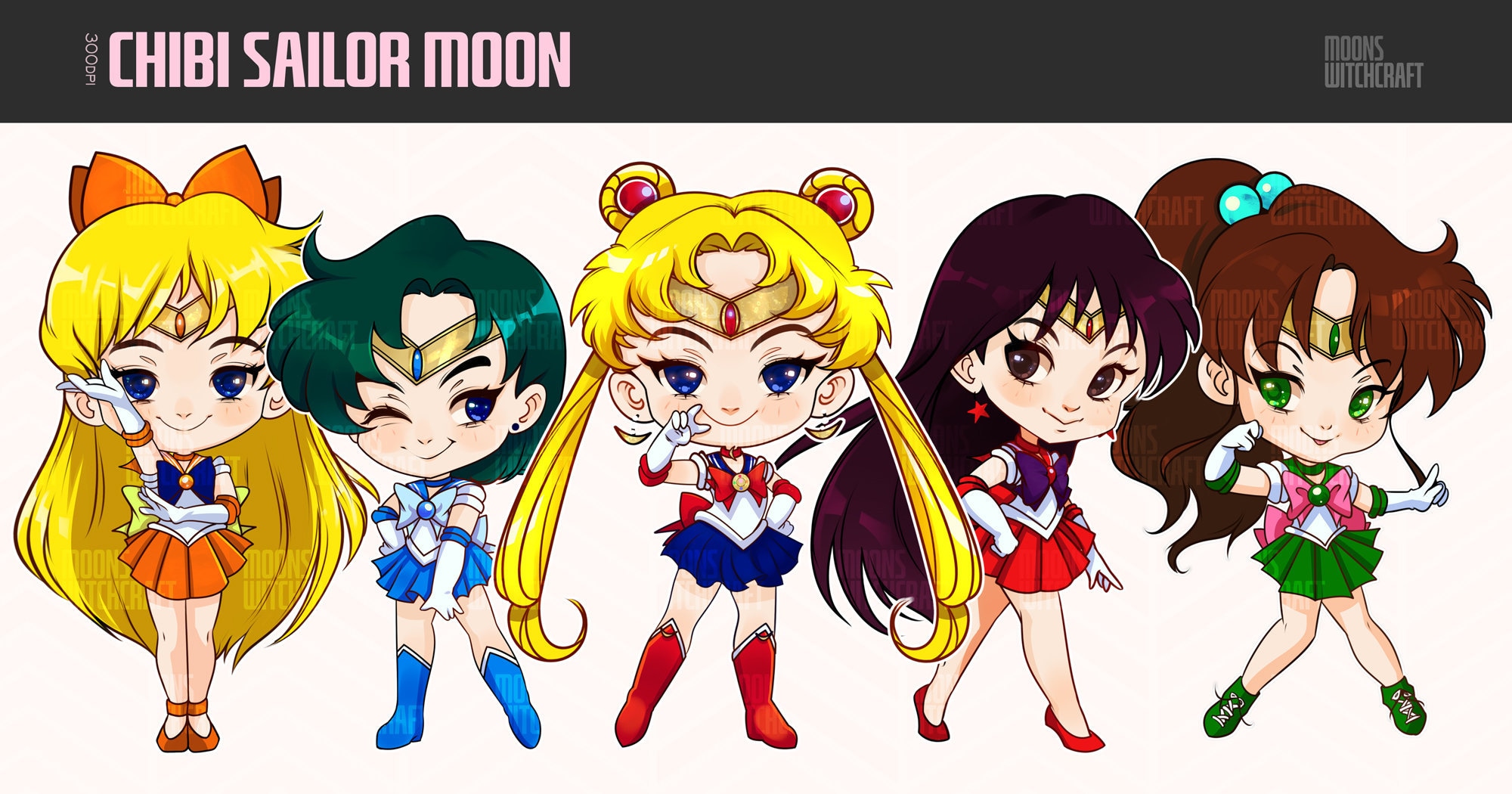 300 DPI Chibi Cute Sailor Moon Senshi Clipart Bundle Super Heroes Anime ...