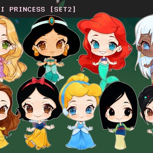 Сute  9 images Anime Chibi Princess Digital Clipart, SET 2, characters, graphics, stickers: Instant Download PNG file - 300 dpi