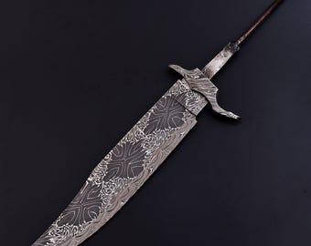 Hand Forged Damascus Steel Bowie Blade Blank: Mosaic Pattern DIY Knife Making