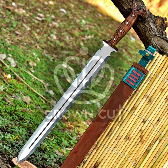 Hand Forged Viking Sword, Carbon Steel Spatha, Rosewood Handle, Leather Sheath