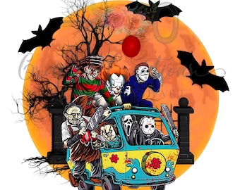 May include: A colorful graphic featuring horror movie characters in a van against an orange moon backdrop. The text "THE BOYS ARE BACK IN TOWN" is displayed above and below the image. Bats and a red balloon are also included.