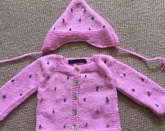 Newborn hat and cardigan set in bubblegum pink