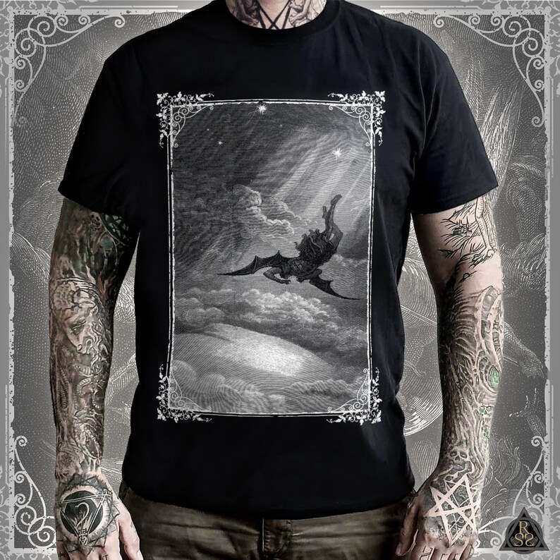 Tattooed male model wearing black tshirt with print of a masterfully engraved and illustrated scene of John Miltons poetic masterpiece Paradise Lost, by Gustave Doré