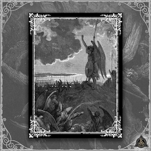 May include: A black and white rectangular print featuring a detailed engraving of a winged figure standing on a hill, holding a spear and shield, surrounded by other winged figures in a landscape under a cloudy sky, framed by a decorative border.